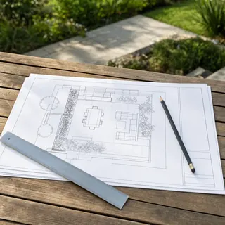 Patio site plan drawings with a pencil and ruler