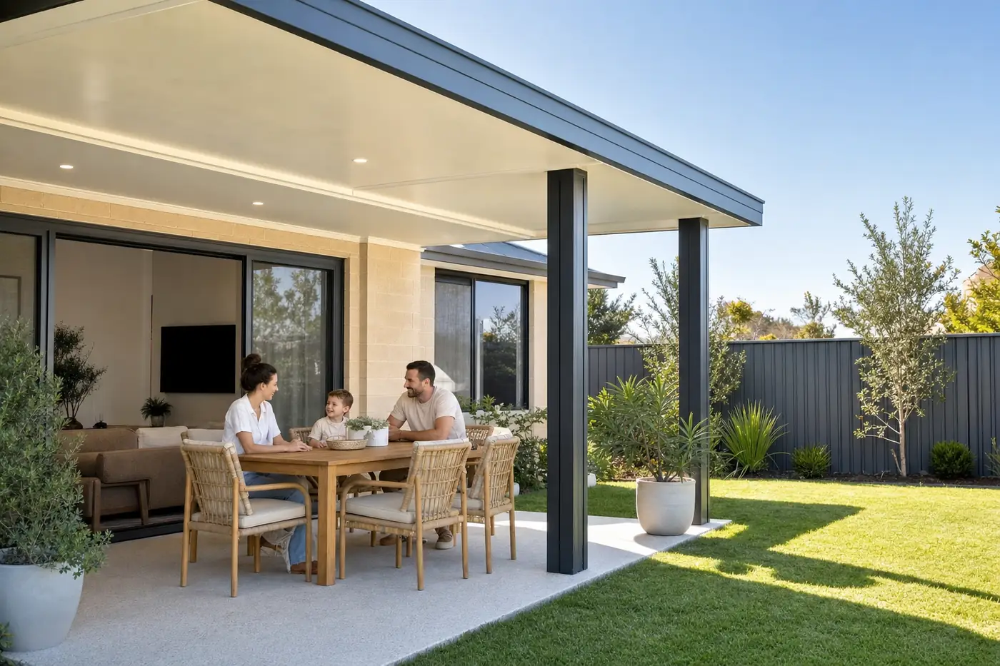 Insulated flat roof patio on a Perth home with an outdoor dining setting