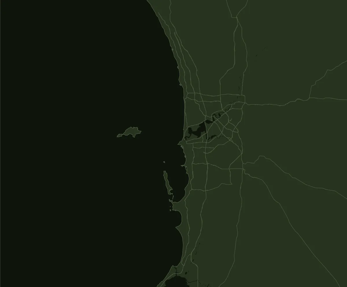 Map of Perth from Yanchep to Mandurah with pins on Yanchep, Joondalup, Midland, Fremantle, Rockingham and Mandurah