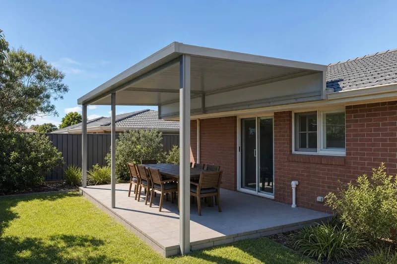 Grey raised flat patio joined above the gutter of a brick Perth home with a tile roof