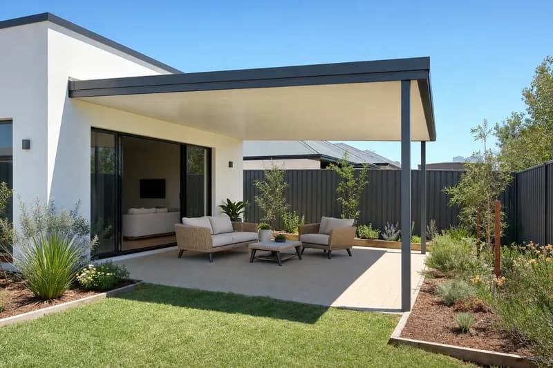 Skillion patio with a single-slope steel roof on a white rendered home